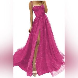 Hot pink corset style long tulle w slit formal prom dress S
